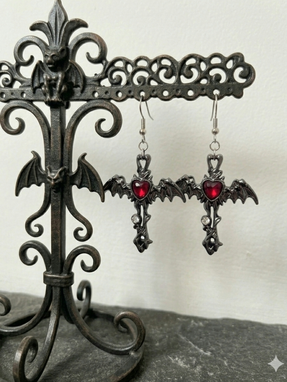 Handcrafted One Of A Kind Gothic Black And Red Bat Dangle Earrings
